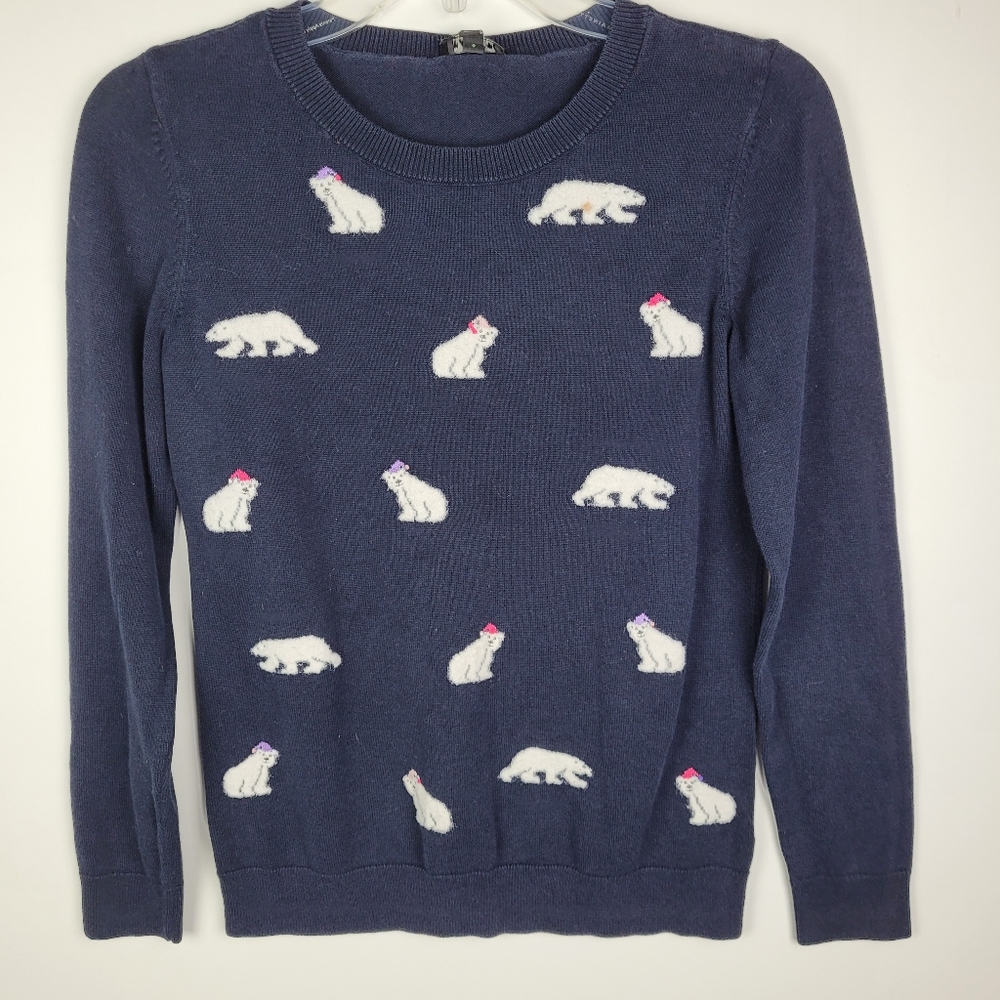 MOIRA KINGSTON Sweater XS Navy Cotton Blend Polar Bears Santa Christmas Academia